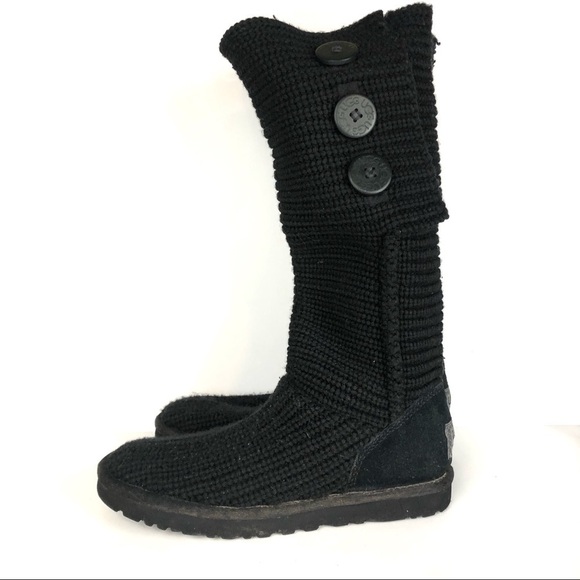 UGG Women’s Crochet Shearling Classic Cardy Black Knit Fold Over Button Boots - Picture 4 of 9